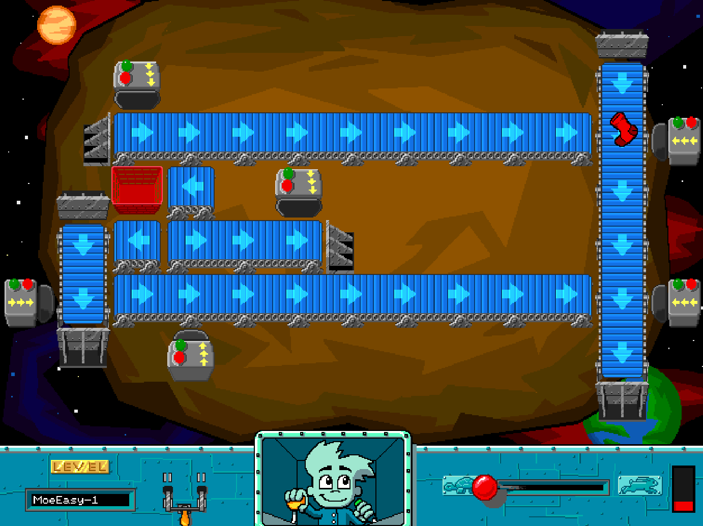 An image of some conveyror belts, pistons, and a red basket. At the bottom is the level name, on/off lever, a window with Pajama Sam at the controls, and a speed lever with an indicator.